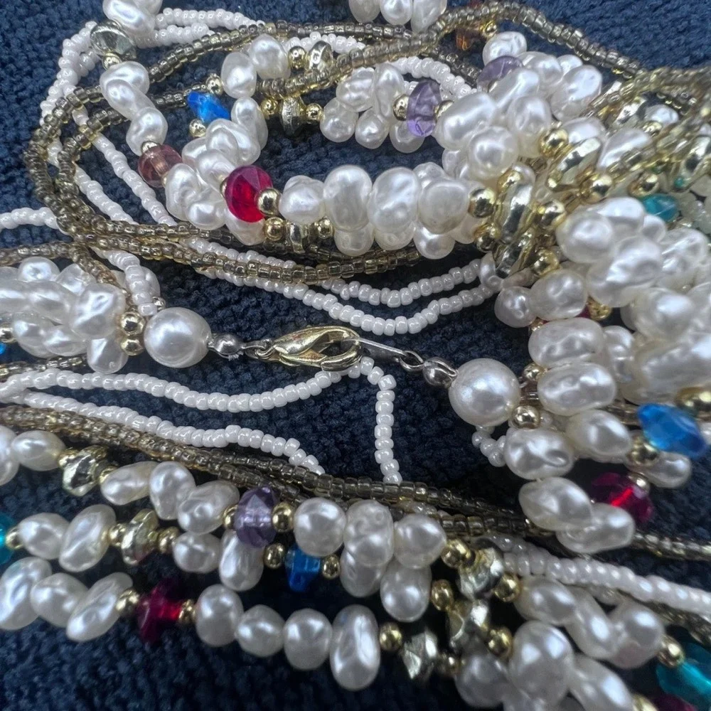 Vtg 7 Strand Necklace Faux Baroque and Seed Pearls Acrylic Gold Tone Accents 25